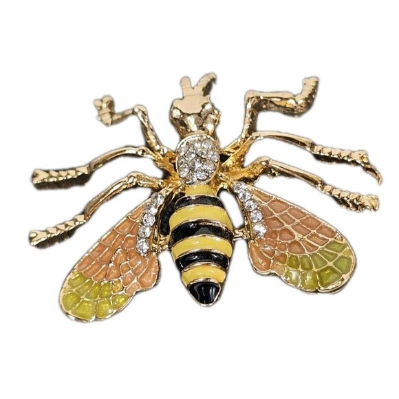 Vintage Style Gold Tone Bee Brooch Pin with Rhinestones & Enamel Wings Insect - Picture 2 of 6